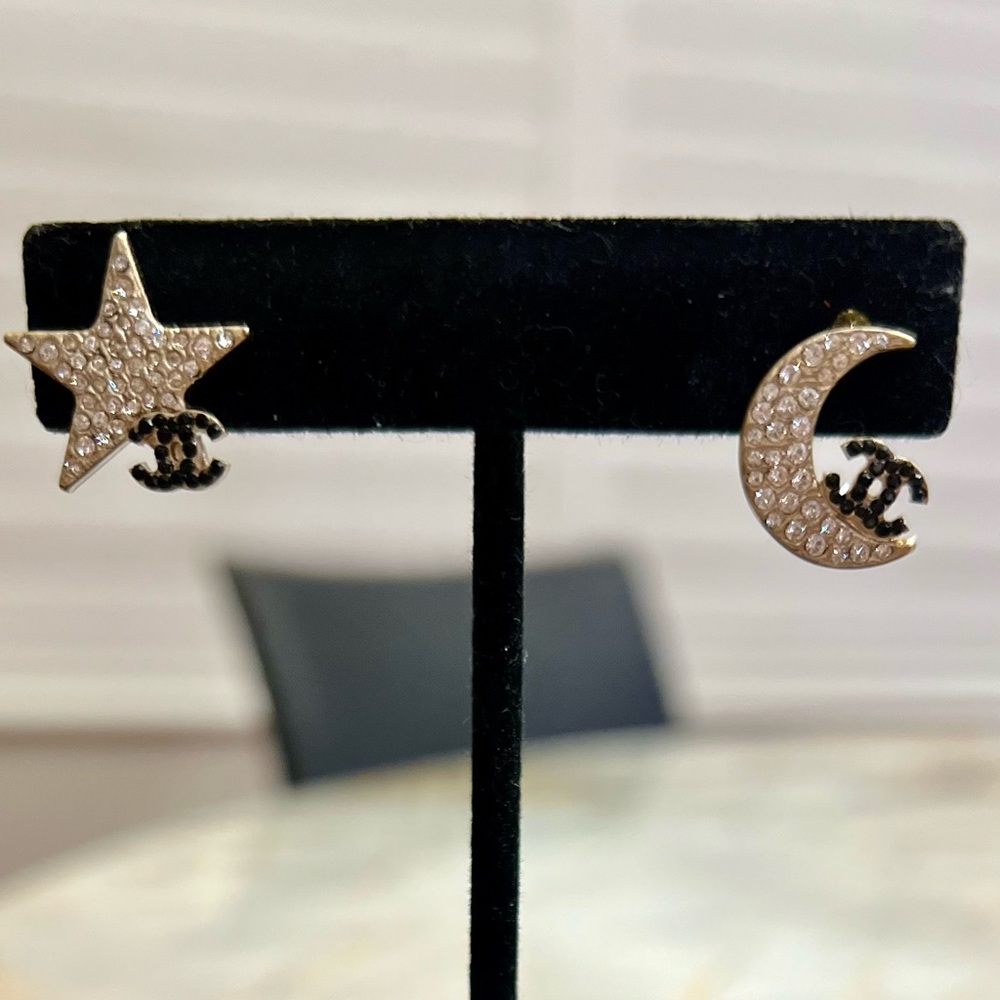 CHANEL Star and Moon Crystal Pierced Earrings